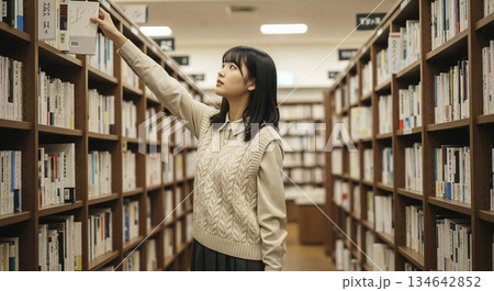 本屋で高い棚の本に手を伸ばす女性 134642852