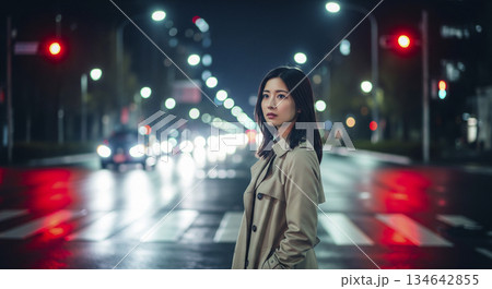 夜の横断歩道でタクシーを待っている女性 夜の横断歩道でタクシーを待っている女性 134642855