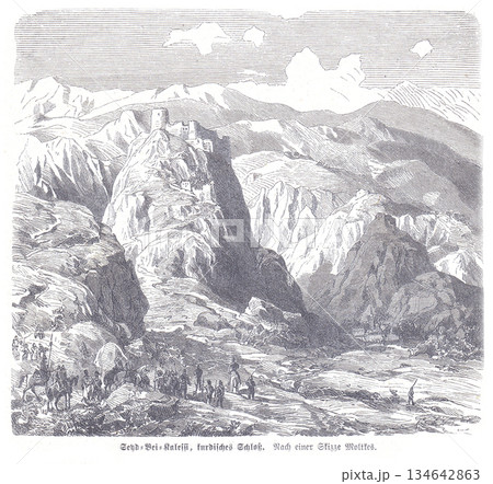 Medieval Fortress Clinging To a Cliff Amid Rugged Mountains and A Busy Valley Scene Medieval Fortress Clinging To a Cliff Amid Rugged Mountains and A Busy Valley Scene 134642863