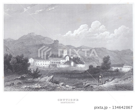 Historic View Of Cetinje, Montenegro, A Mountain Town With Fortress, Church, And Rolling Hills In A Timeless Landscape Historic View Of Cetinje, Montenegro, A Mountain Town With Fortress, Church, And Rolling Hills In A Timeless Landscape 134642867