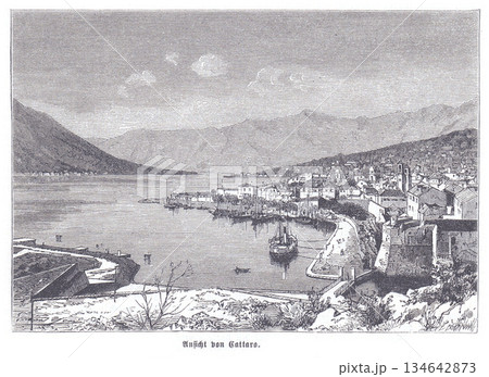 View of Kotor Bay From Cattaro Harbor With Mountains and Historic Waterfront Townscape 134642873
