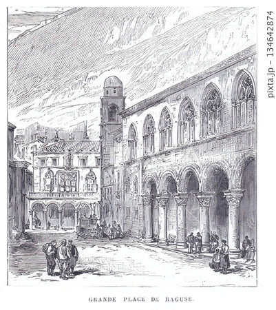 Historic Grand Square In Ragusa/Dubrovnik: Bustling Archways, Tower, And City Life In A Classic European Piazza 134642874