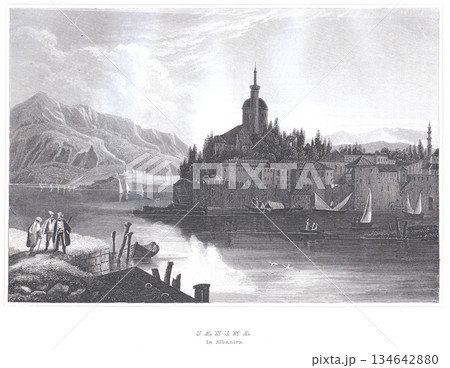 Janina, Albania: Historical Harbor City Landscape Engraving by the Seaside Mountains 134642880