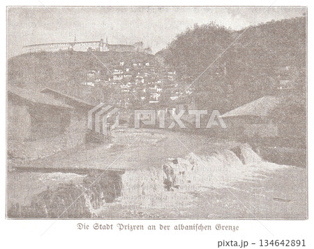 Historic Prizren City at the Albanian Border Overlooking Fortress and Old Town 134642891