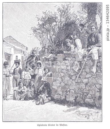 Children of Mostar Gathered by a Stone Wall: A Historic Bosnian Scene of Community and Play Children of Mostar Gathered by a Stone Wall: A Historic Bosnian Scene of Community and Play 134642895