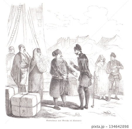 Group Of People Conversing On A Shipboard Terrace With Luggage And A Castle In The Distance 134642898