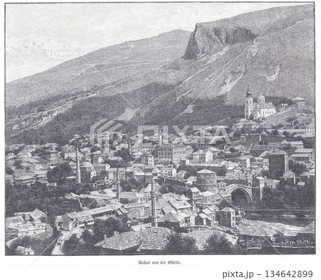 Mostar Panorama With Old Bridge, Hillside Town, Churches, Minarets, and Majestic Mountain Backdrop Mostar Panorama With Old Bridge, Hillside Town, Churches, Minarets, and Majestic Mountain Backdrop 134642899
