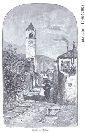 Street in Mostar With Clock Tower and Umbrella, Quiet Old Town Scene in Monochrome Illustration Street in Mostar With Clock Tower and Umbrella, Quiet Old Town Scene in Monochrome Illustration 134642908