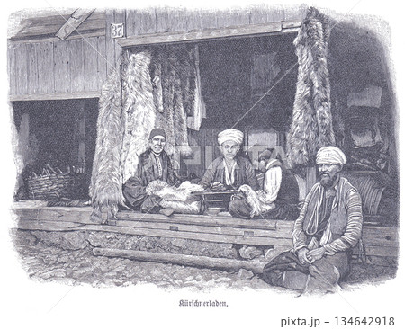 Historic Fur Shop Scene With Workers And Pelts In A Traditional Market Workshop Historic Fur Shop Scene With Workers And Pelts In A Traditional Market Workshop 134642918