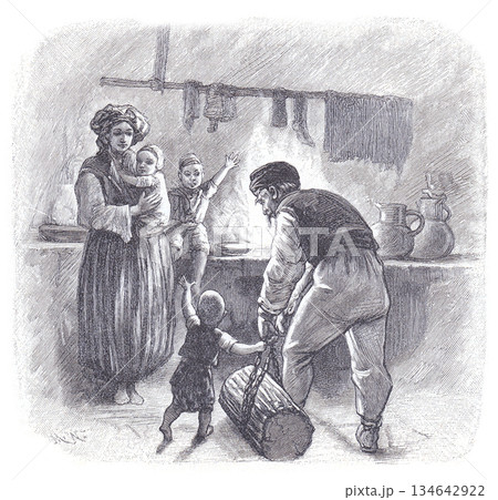 Bosnian Family in Cozy Kitchen Preparing Food by the Fireplace with Children and Father 134642922