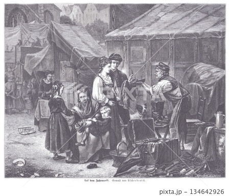 Bustling 19th Century Market Scene With Families And Vendors In A Tented Square 134642926