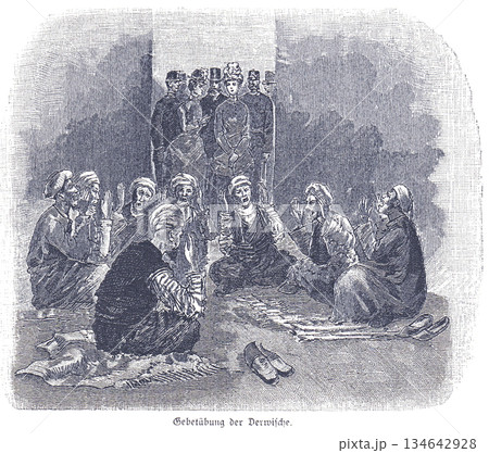 Dervishes Prayer Circle: Whirling Sufi Dervishes Gather in Sacred Circle for Spiritual Devotion Dervishes Prayer Circle: Whirling Sufi Dervishes Gather in Sacred Circle for Spiritual Devotion 134642928