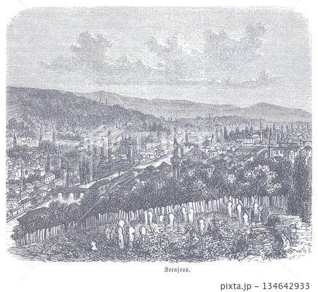 Panoramic Vintage Sarajevo Cityscape From a Hilltop Cemetery, Showcasing Minarets, Rooftops and Rolling Hills in a Historic Ottoman City 134642933
