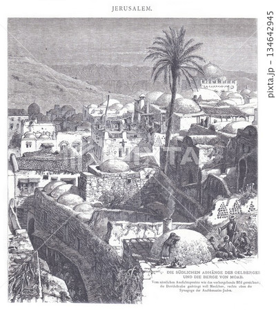 Jerusalem Old City Panorama With Domed Roofs, Palm Tree, and Stone Alleys in Historic Market Scene Jerusalem Old City Panorama With Domed Roofs, Palm Tree, and Stone Alleys in Historic Market Scene 134642945