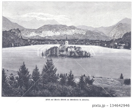 Saint Mary Church on Island in Lake With Alpine Mountains and Village Landscape Saint Mary Church on Island in Lake With Alpine Mountains and Village Landscape 134642946