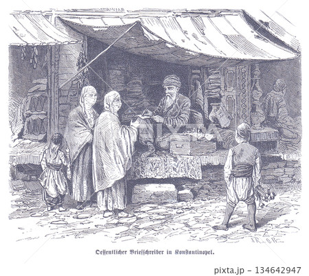 Market Scene at a Turkish Bazaar in Constantinople: Vendor Serves Families at a Stall 134642947