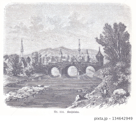 Historic Banjaluka Cityscape With Stone Bridge Over River Vrbas And Spired Towers At Dusk Historic Banjaluka Cityscape With Stone Bridge Over River Vrbas And Spired Towers At Dusk 134642949