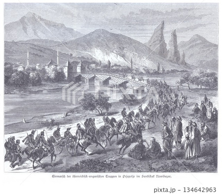Historic Austro-Hungarian Troops Crossing a Stone Bridge in Prijepolje, Montenegro, During Invasion Mid-19th Century Historic Austro-Hungarian Troops Crossing a Stone Bridge in Prijepolje, Montenegro, During Invasion Mid-19th Century 134642963