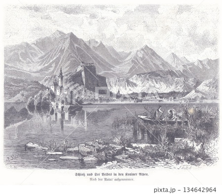 Castle On A Lake With Mountain Range, Group Of People In A Boat Crossing The River 134642964