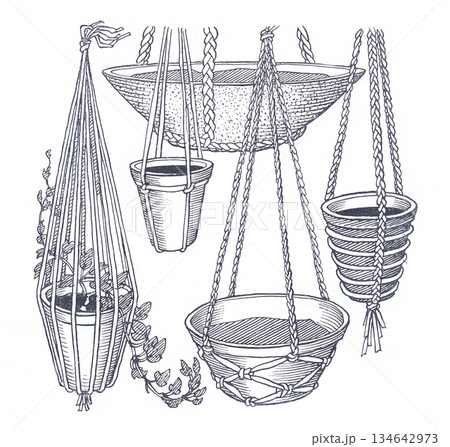 Hand Woven Hanging Baskets And Planters Collection Displayed In A Rustic Setting 134642973