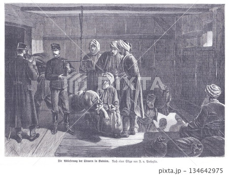 Taxation Scene in Bosnia: Officials, Villagers, and a Tense Interior in a Historic Ottoman Town 134642975