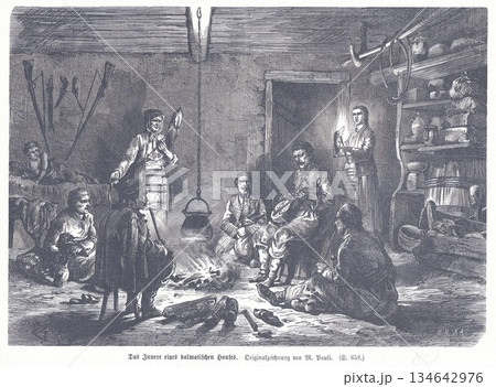 Interior Scene of a Dalmatian Home With People Gathered Around a Firelight 134642976