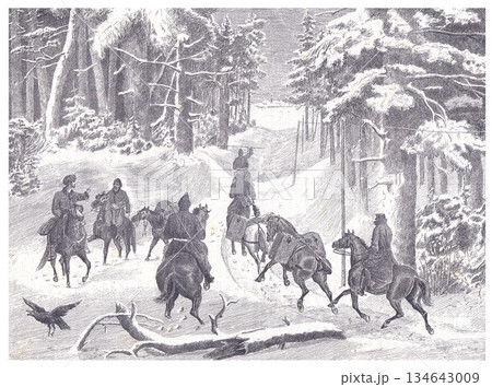 Winter Cavalry in a Snowy Forest: A Historic Scene of Mounted Riders Moving Through a Snow-Covered Trail Winter Cavalry in a Snowy Forest: A Historic Scene of Mounted Riders Moving Through a Snow-Covered Trail 134643009