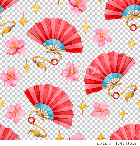 Chinese New Year seamless pattern. Watercolor print with red fan and flowers. 134643018