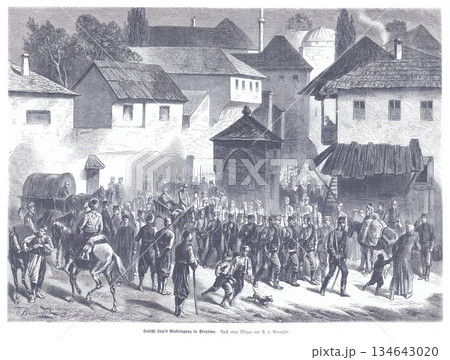Historic War Time Parade In Sarajevo: Crowded Street With Soldiers, Carriages, And Onlookers In A Bustling Town Square Historic War Time Parade In Sarajevo: Crowded Street With Soldiers, Carriages, And Onlookers In A Bustling Town Square 134643020