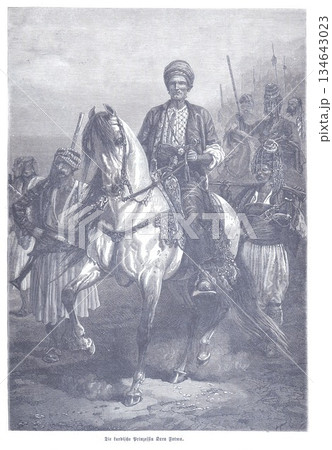 Ottoman Cavalry Leader On Horseback With Guards In a Historic Scene Featuring Kara Fatma And Ottoman Troops, Conveying Courage, Valor, And National Heritage Ottoman Cavalry Leader On Horseback With Guards In a Historic Scene Featuring Kara Fatma And Ottoman Troops, Conveying Courage, Valor, And National Heritage 134643023