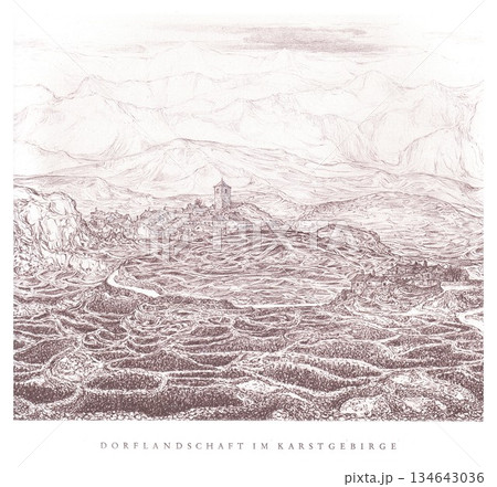 Historic Coastal Village With Tower And Mountain Backdrop — Wavy Sea Landscape Illustration 134643036