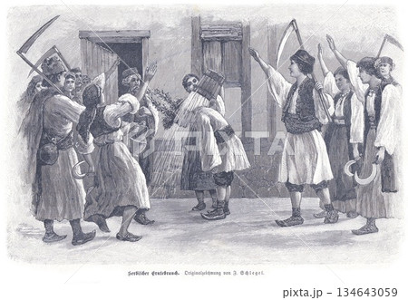Serbian Harvest Celebration With Villagers In Traditional Dress And Harvest Tools 134643059