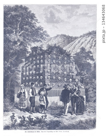 Forested Skull Pyramid Memorial Scene With People Observing, Vintage Illustration Forested Skull Pyramid Memorial Scene With People Observing, Vintage Illustration 134643068