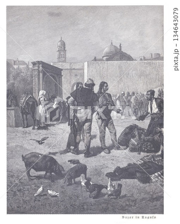 Bazaar in Ragusa: A Bustling Medieval Market Scene With Traders, Animals, and City Walls 134643079