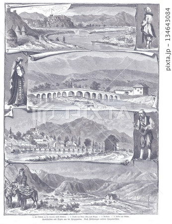 Historic Landscape Panorama: Mountain Towns, Bridges, and Travelers in Scroll Frames 134643084