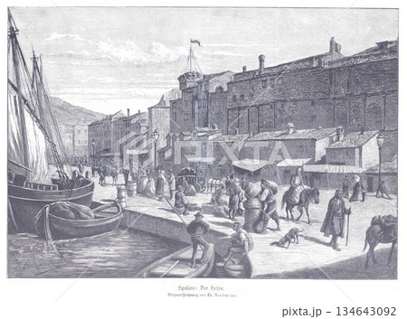 Historic Harbor Scene in Split, Croatia, With Market Life and Waterfront Fortifications Historic Harbor Scene in Split, Croatia, With Market Life and Waterfront Fortifications 134643092