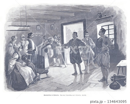 Traditional Folk Ceremony In A Rustic Interior With Soldiers, Women And Villagers Traditional Folk Ceremony In A Rustic Interior With Soldiers, Women And Villagers 134643095
