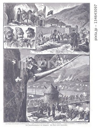 Historic Siege Scene With Travelers, Soldiers, and Fortified Town Under Night Sky and Torchlight 134643097