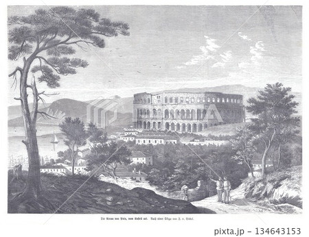 Historic Colosseum-Like Amphitheater Above Pola Town, Hills, and Sea — 19th Century Engraving Illustration 134643153