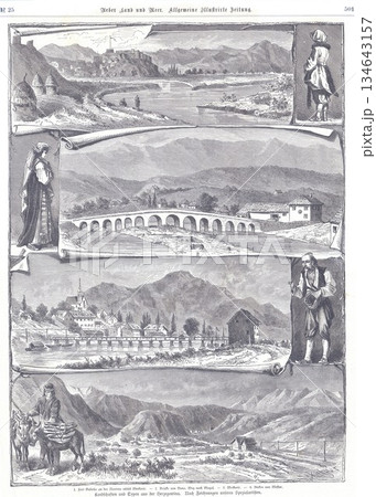 Historic Landscape Collage With Bridges, Villages, and Mountain Scenery in Vintage Engraving 134643157