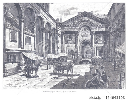 Historic Diocletian's Palace Courtyard in Split, Stone Archways, Market Scene with Pedestrians, Carriage, and Umbrellas in a Classical Roman Architectural Setting Historic Diocletian's Palace Courtyard in Split, Stone Archways, Market Scene with Pedestrians, Carriage, and Umbrellas in a Classical Roman Architectural Setting 134643198