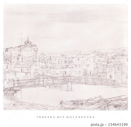 Vr BASka With Wooden Bridge: Historic European Town Sketch of Harbour, Boats and Stone Buildings in a Calm Waterfront Scene 134643199