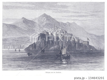 Ancient Ulcinj Fortress Overlooking Calm Sea With Sailboats And Mountainous Backdrop Ancient Ulcinj Fortress Overlooking Calm Sea With Sailboats And Mountainous Backdrop 134643201