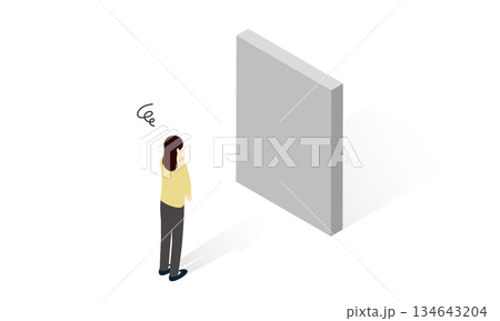 障害となる壁を前に悩む女性のアイソメトリックイラスト 134643204