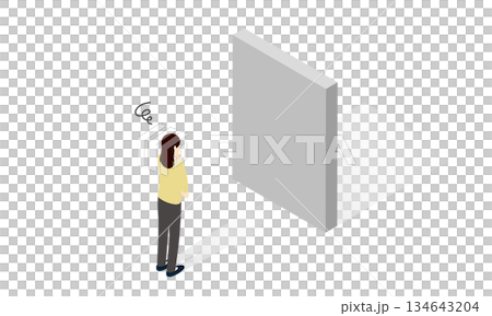 障害となる壁を前に悩む女性のアイソメトリックイラスト 134643204