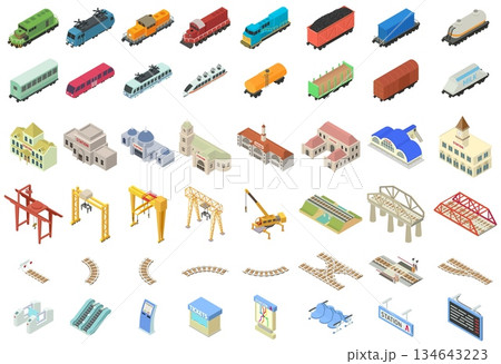 Railway station icons set, isometric style 134643223