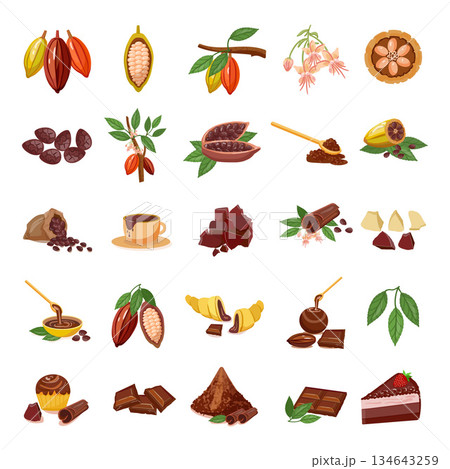 Cocoa icons set cartoon vector. Chocolate leaf 134643259