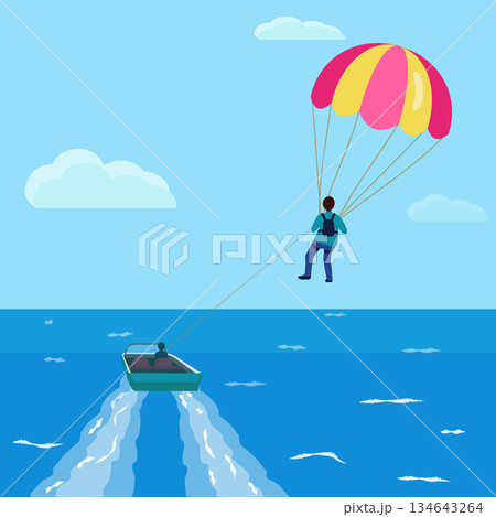 Parasailing concept banner cartoon vector. Parachute boat 134643264