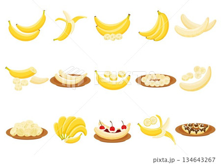 Banana icons set cartoon vector. Monkey peel Banana icons set cartoon vector. Monkey peel 134643267