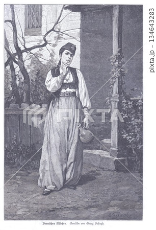 Bosnian Woman in Traditional Dress Walks Through a Quiet Courtyard in a 19th Century-Inspired Portrait 134643283
